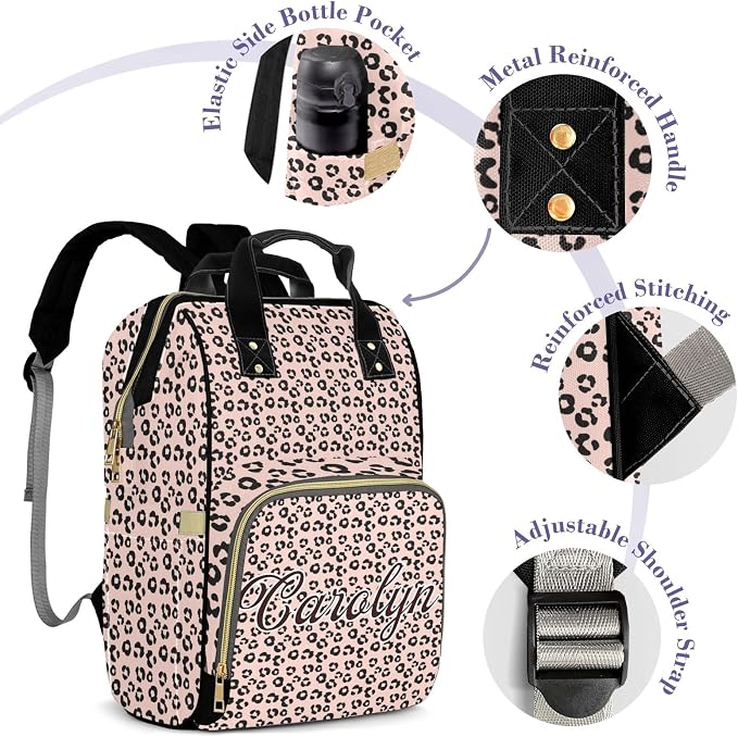 Custom Diaper Bag with Name Personalized Multifunctional Mommy Backpack for Shoulders Outdoor Backpack for Newborn Baby Thermal Pockets Nursing Bags （Leopard print）