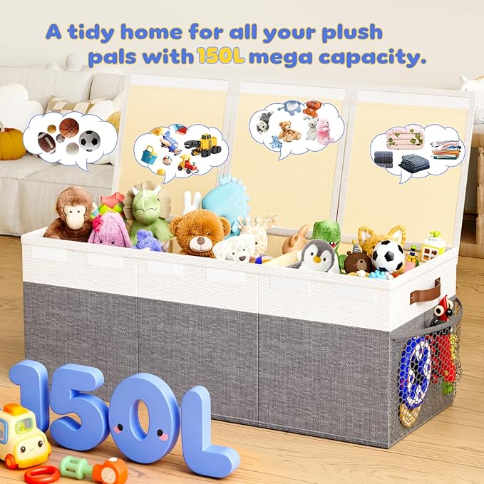 Dayacoco 40"X14"X16" Extra Large Toy Box Chest with Lids, 150L Collapsible Sturdy Kids Toy Storage Organizer Boxes for Boys Girls, Sturdy Toys Chest Storage Organizer Bin Basket, Gray & White