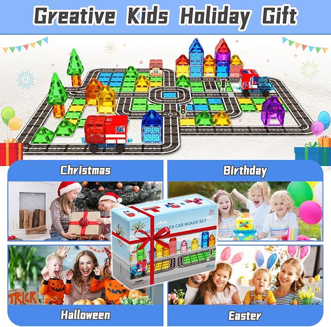 Magnetic Tiles Road Car Set, Toddler Magnetic Building Blocks Toys for 3 4 5 6 7 Year Old Boys Girls, Kids Montessori STEM Sensory Preschool Classroom Educational Learning Games Easter Birthday Gifts