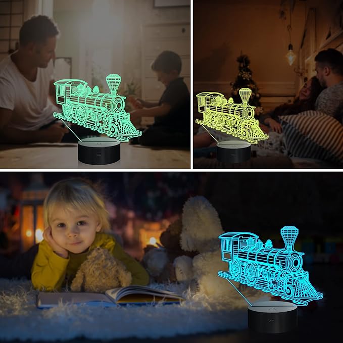 Ammonite Train Night Light, Steam Train 3D Illusion Lamp for Kids, 16 Colors Changing with Remote Control & Timer, Creative Birthday Xmas Gifts for Kids Boys Bedroom Decor