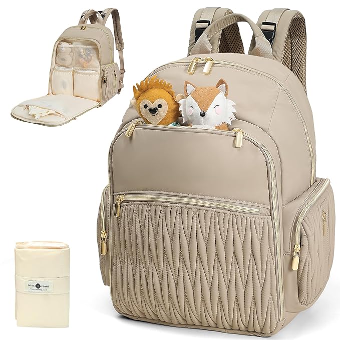 Miss Fong Diaper Bag Backpack - Quilted Travel Baby Bag with Changing Pad, 16 Pockets, Waterproof, Large Capacity - Mommy Backpack for Baby Shower Gifts (Khaki)