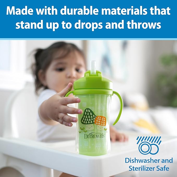 Dr. Brown's Milestones Insulated Sippy Cup with Straw and Handles, Spill-Proof Tumbler with Lid, 2-Pack, Blue & Green, 10 oz/300 mL, BPA Free, 12m+
