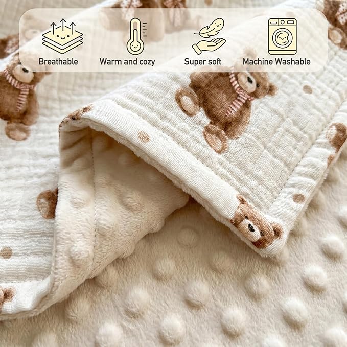 GLLQUEN BABY Blankets for Boys Girls, Soft Muslin Cotton Front Dotted Fleece Backing, Nursery Minky Crib Blanket for Infant Toddler, 30 x 40 inches Throw Blanket, Bears