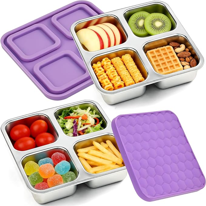 2 Pack Stainless Steel Snack Containers, Reusable 4 Compartment Food Container with Lids, 24 Oz Divided Metal Bento Snack Box for Travel Work, Snack Pack Containers for Portion Control