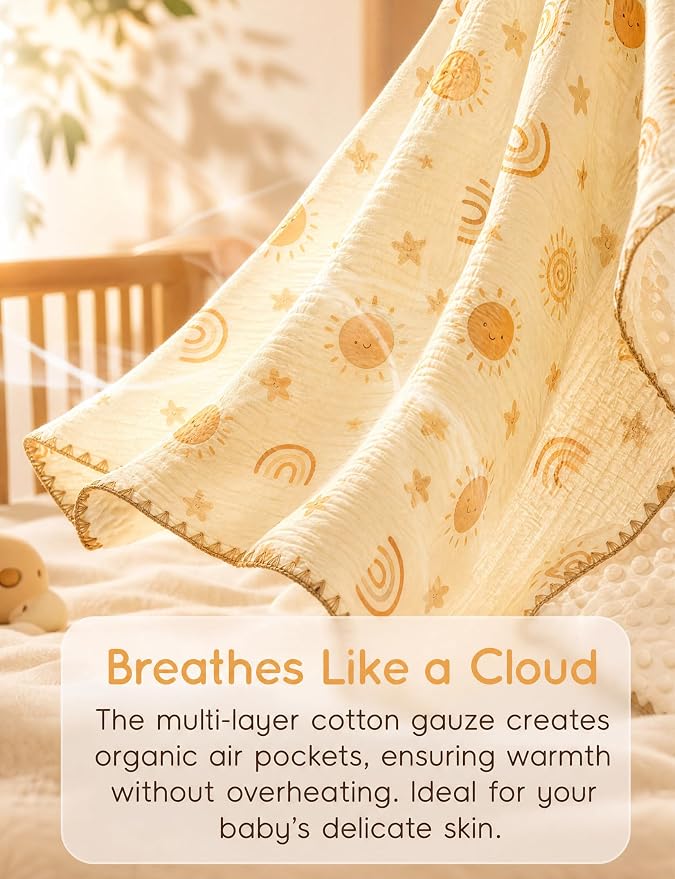 Baby Blanket 40x40 Inches,Muslin Cotton and Minky Dotted Double Layer Soft Receiving Blanket for Newborn Toddler,Boho Sky