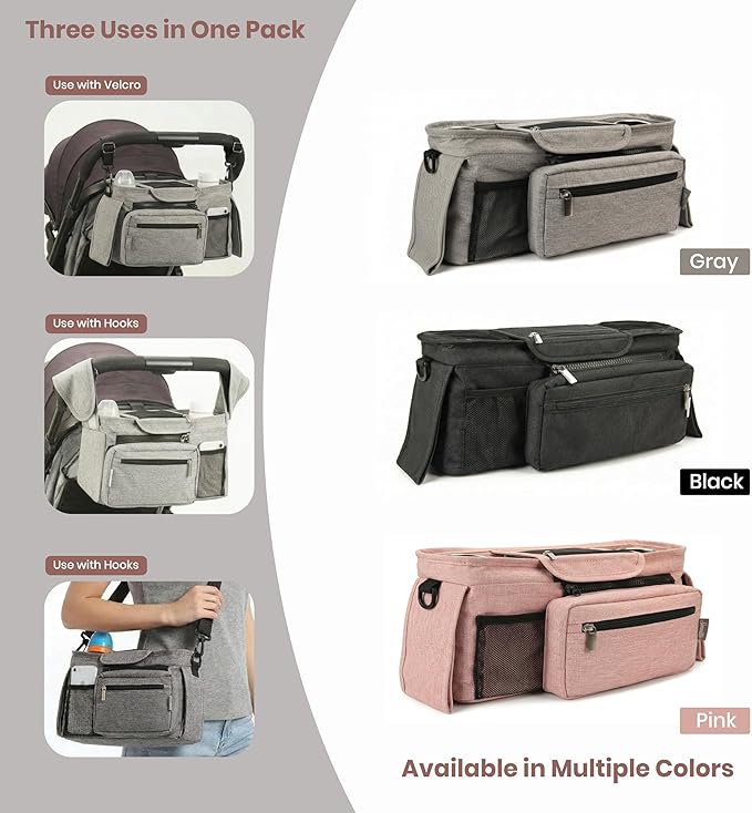 Gray Universal Stroller Organizer with 2 Insulated Cup Holders, 3-in-1 Stroller Caddy with Detachable Phone Bag & Non-Slip Shoulder Strap, Fits Uppababy, Nuna, Doona, Baby Essentials