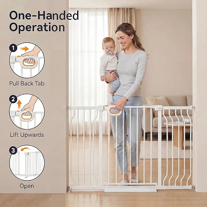 Baby Gates Extra Wide with Door 29.1-57.5 Inch Extra Wide Pressure Mounted Baby Dog Gate for Doorways Indoor Metal Gate No Drilling with Walk-Through Door,White