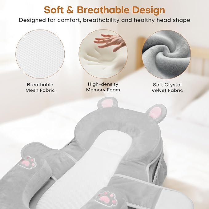 WARMHONIU Baby Feeding Pillow, Anti-Reflux Breastfeeding Infant Lounger & Tummy Time Pillow for Reducing Spit-Up, 25.2" L x 17.7" W, Detachable Cover with Handle & Storage Bag