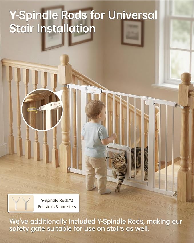 Baby Gate with Cat Door, 29.92-43.7 ” Wide Baby Gate for Stairs, Pressure Mounted Gate No Drill, Auto Close Dog Gate for Doorways, Easy Walk Through Safety Gates with Pet Door, Indoor, White