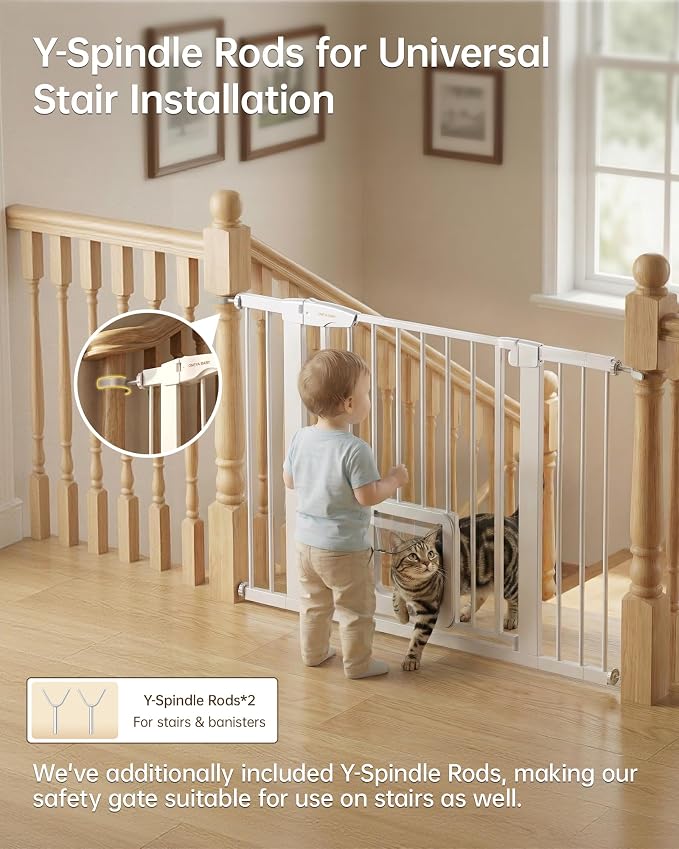Baby Gate with Cat Door, 29.92-48 ” Wide Baby Gate for Stairs, Pressure Mounted Gate No Drill, Auto Close Dog Gate for Doorways, Easy Walk Through Safety Gates with Pet Door, Indoor, White