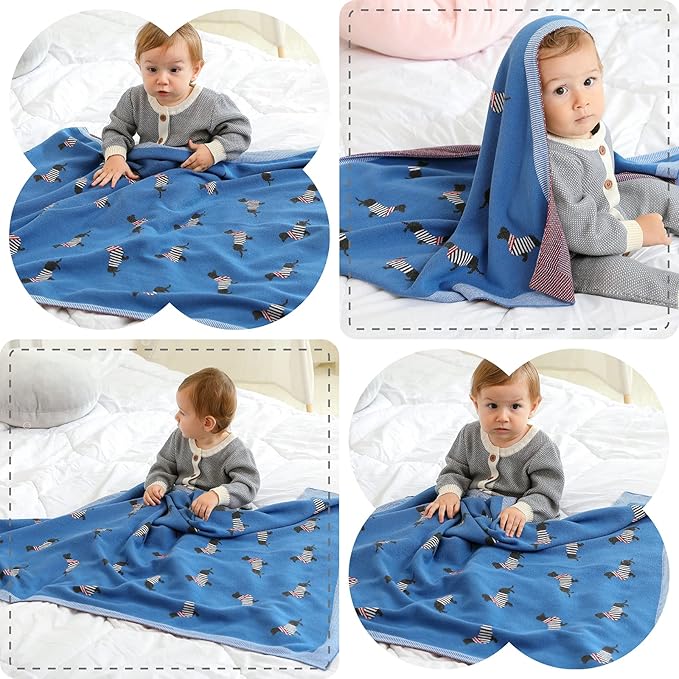 Opewod Baby Blanket Knitted 100% Cotton Soft Blankets for Newborn Boy Girls Cute Dog Dachshund 30x40 inches Jean Blue