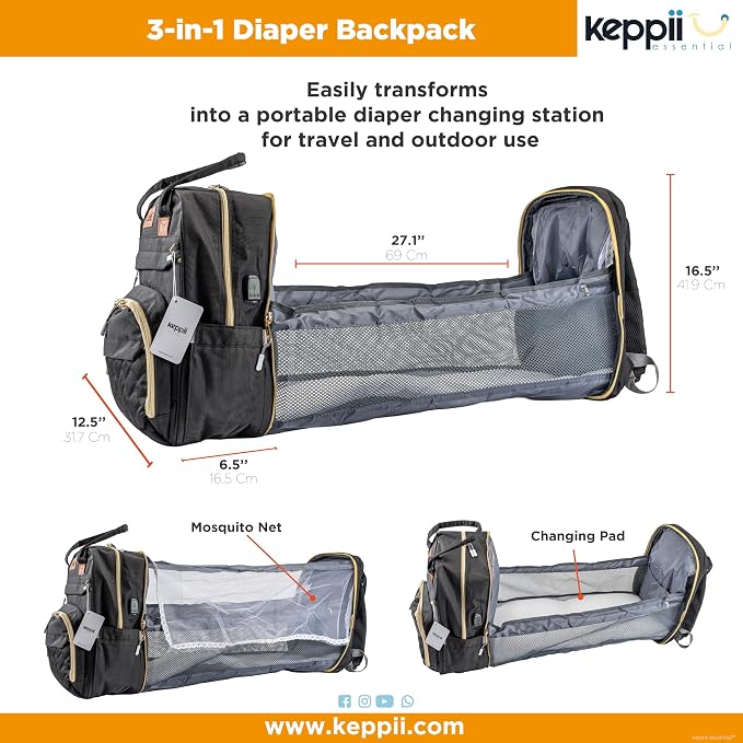 keppii essential™ 3-in-1 Diaper Backpack – Waterproof, USB Port, 16 Pockets & Changing Station | CPC Certified (Black)