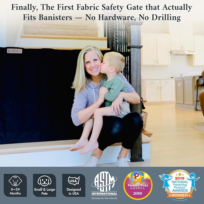 The Stair Barrier First Fabric Banister to Banister Baby Gates for Stairs 42”–52” Wide x 32” Tall– No Drill Baby Gate for Top or Bottom Staircase, Machine-Washable Climb Proof, Designed in USA, Black