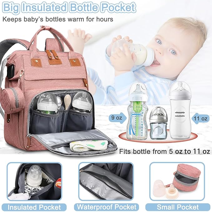 SHITIESHOU Diaper Bag Backpack Baby Bag for Mom Dad with Changing Pad, 19 Pockets, Large Waterproof Travel Baby Girl Boy Toddle Diaper Bag with Insulated Pocket, Baby Shower Gifts, Pink