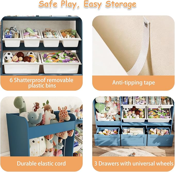 50.6" W Large Toy Storage, Kids Toy Organizer Shelf with Stuffed Animal Zoo, 6 Plastic Bins, 3 Rolling Boxes, Wooden Toddler Toy Bookshelf Organization Shelves for Kids Room, Bedroom (Blue)
