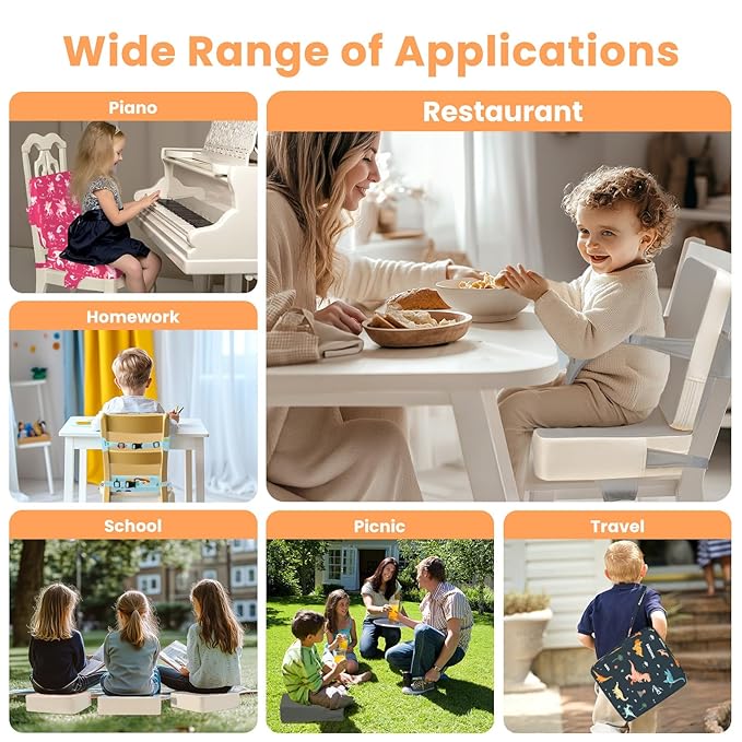 Toddler Booster Seat for Dining Table with Adjustable Straps, Kids Booster Seat for Kitchen Chair with Non-Slip Bottom, Portable Detachable Washable Increasing Cushion (Dinosaur)