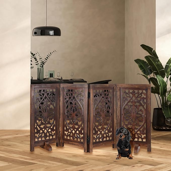 Free Standing Dog Gate – 4 Panel Foldable Wooden pet gate Indoor 56" W x 28" H, Hand-Carved Solid Wood & MDF, Portable Indoor Gate for Doorways, Halls, Stairs – Fully Assembled, Burnt Finish
