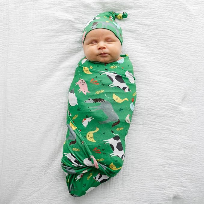 Little Sleepies Swaddle & Hat Set, Baby Swaddles Newborns, Soft Viscose from Bamboo Swaddle Blanket Wrap (Green Farm Animals)