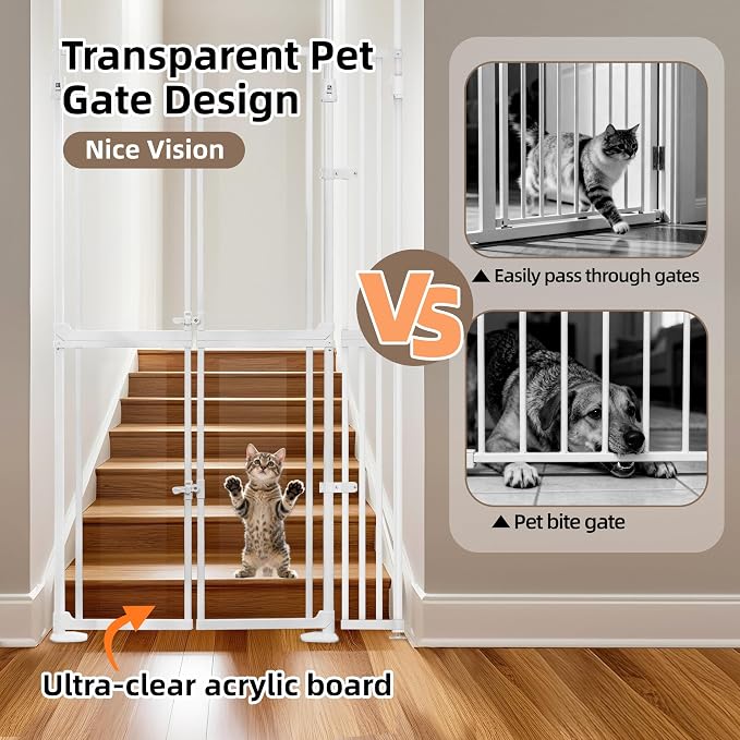 NiceTCU 74.80-98.43'' Extra Tall Cat Gate, Adjustable 33.86-45.34" Wide, Transparent Full Door Pet Gate, Auto Close No Drilling Cat Proof Safety Gate for Doorway Stairs- White
