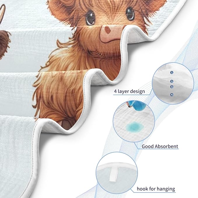 Highland Cows Hooded Baby Bath Towels, Cotton Soft Hooded Towel for Babies - Absorbent Baby Bath Towels 30x30 Inch