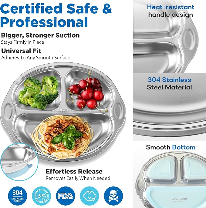 Mrs. Chou Stainless Steel Baby Suction Plates: Divided Plates for Babies and Toddlers, Made of 100% Food-Grade Materials Ideal for Baby-Led Weaning BPA-Free Toddler Feeding Dishwasher Safe PINK