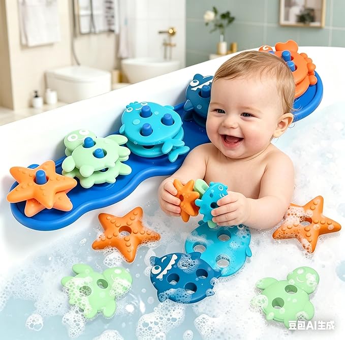 Silicone Baby Bath Toys ??Stackable, Shape-Sorting Floating Set with 10 Mold-Free Textured Pieces, No-Hole Design ??Early Learning Bathtub Toys for Toddlers and Kids