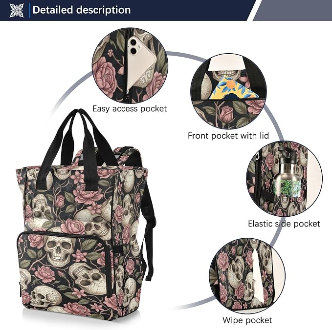 Gothic Skull Rose Diaper Bag – Insulated Bottles, Stroller Straps for Mom Dad