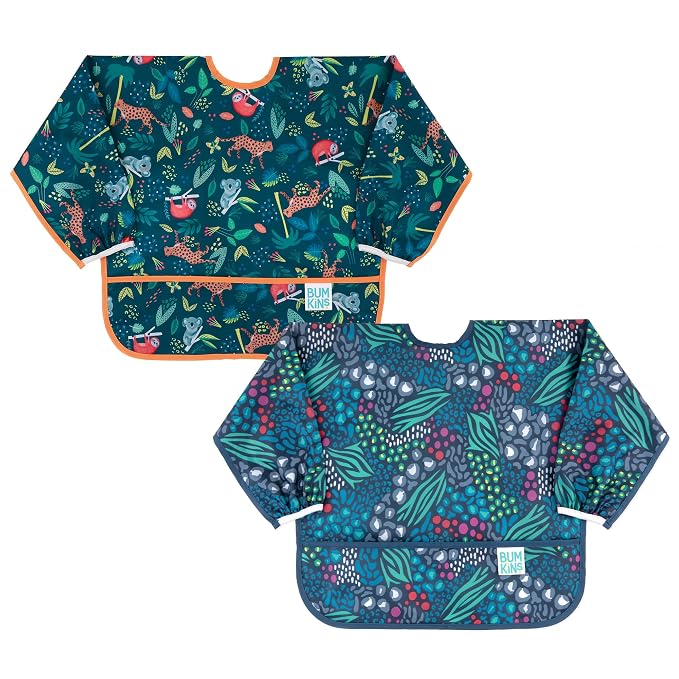 Bumkins Sleeved Bib, Waterproof Fabric, Jungle & Animal, 2-pack