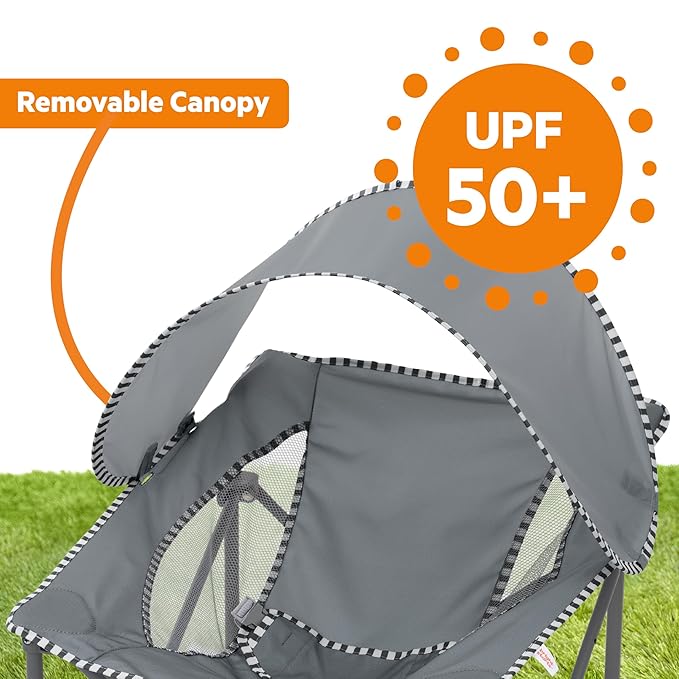 Bright Starts Pop 'N Chill Portable Infant Beach Chair, Travel Seat with UPF 50+ Canopy, Indoor/Outdoor Baby Seat, Grey, 0?? Months