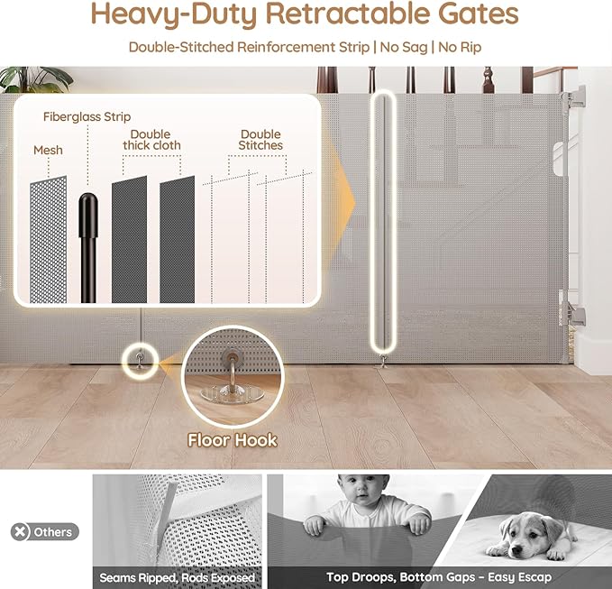 Miumoon One-Hand Operation Retractable Baby Gates, 71 inch Retractable Gate with Reinforced Strip Design to Prevent Crawling Through, 6 FT Retractable Dog Gate for Stairs, Doorways, Hallways