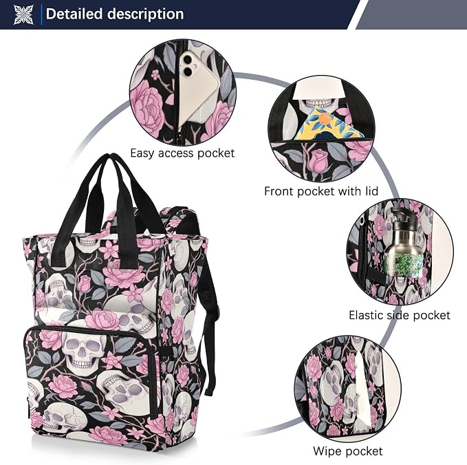 Halftone Skull Rose Diaper Bag – Insulated Pockets, Large Capacity for Mom Dad