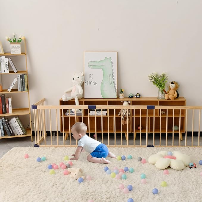 Baby Playpen,Wooden Playpen,Large Wood Adjustable Play Fence,Kid’s Play Space,Wood Baby Playard, Indoor Outdoor Blue Play are with Gate for Infants, Toddlers