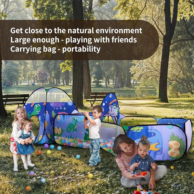 3PC Dinosaur Kids Play Tent with Ball Pit, Crawl Tunnel, Toddlers Playhouse Castle Toys, Baby Boys Girls Gift for 3 4 5 6 7 Years Old, Outdoor Indoor, Lightweight (Balls Not Included)
