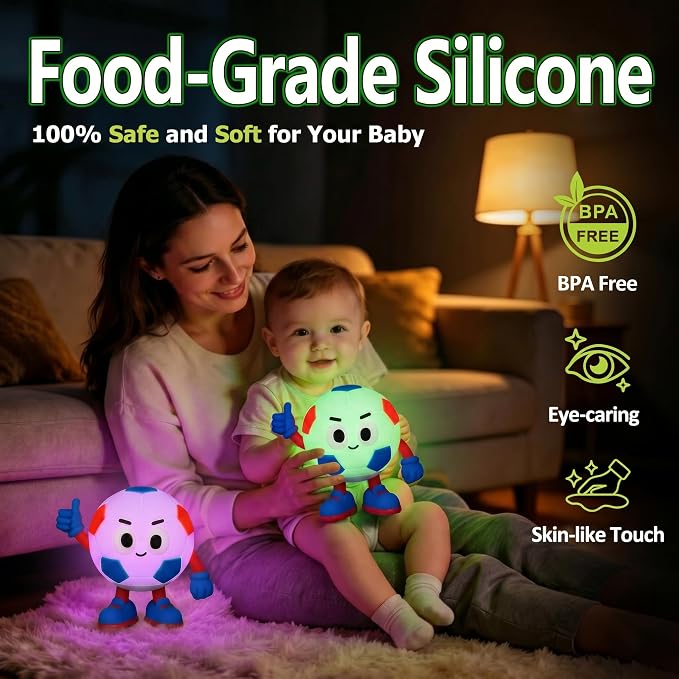 Soccer Gifts for Boys Girls, Soccer Night Light，Soft Silicone with Touch Control, 7 RGB Colors, Auto-Off, Dimmable, Rechargeable 1200mAh, Teen Kids Sports Fan Birthday Gifts (Blue&Red)