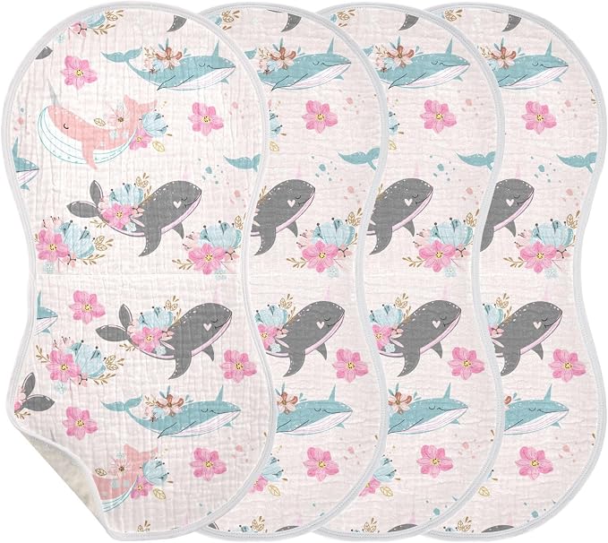vvfelixl Muslin Burp Cloths Whale Narwhal Flowers Baby Washcloths for Baby Girl Boys 2 Pack