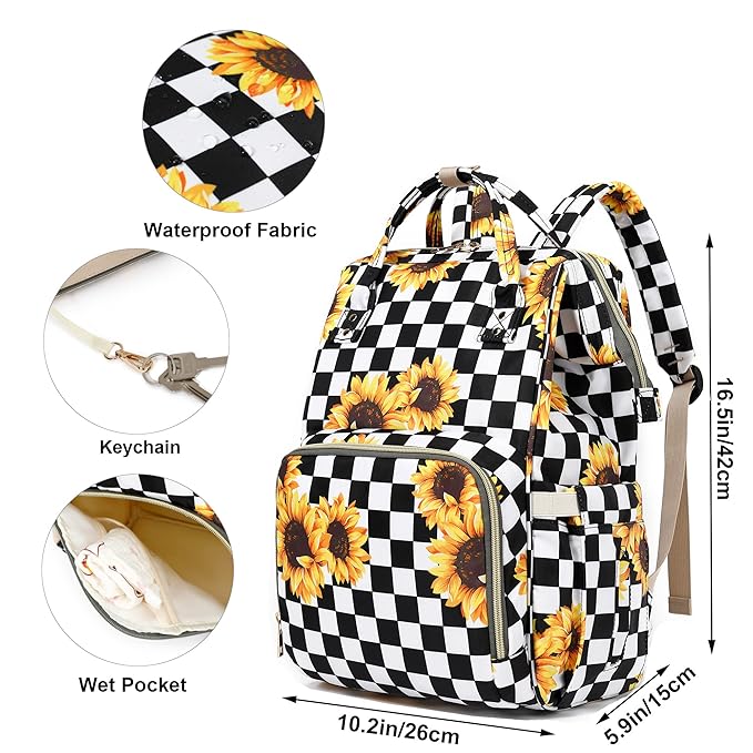 Sunflower Checkered Diaper Bag Backpack for Baby Girls, Mom Waterproof Large Nappy Bags for Women