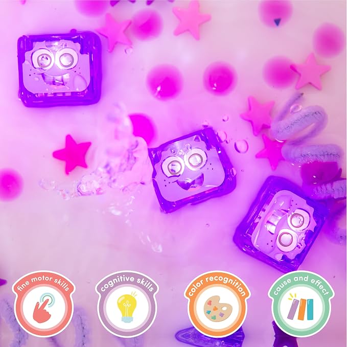 Glo Pals Water-Activated Light-Up Sensory Bath Toy Character and 6 Cubes for Bathtime and Sensory Play, Lumi, Glows Purple