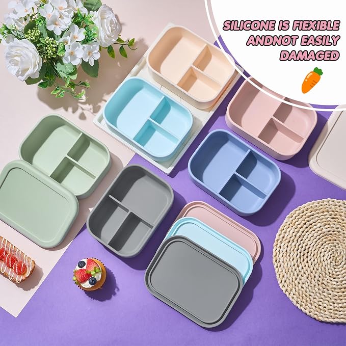 Layhit 6 Pcs Silicone Bento Box for Adults, 27 oz Bento Lunch Container Reusable Food Container for Women Men, Leak Proof Microwave Dishwasher Freezer Safe (3 Compartments,Morandi Colors)