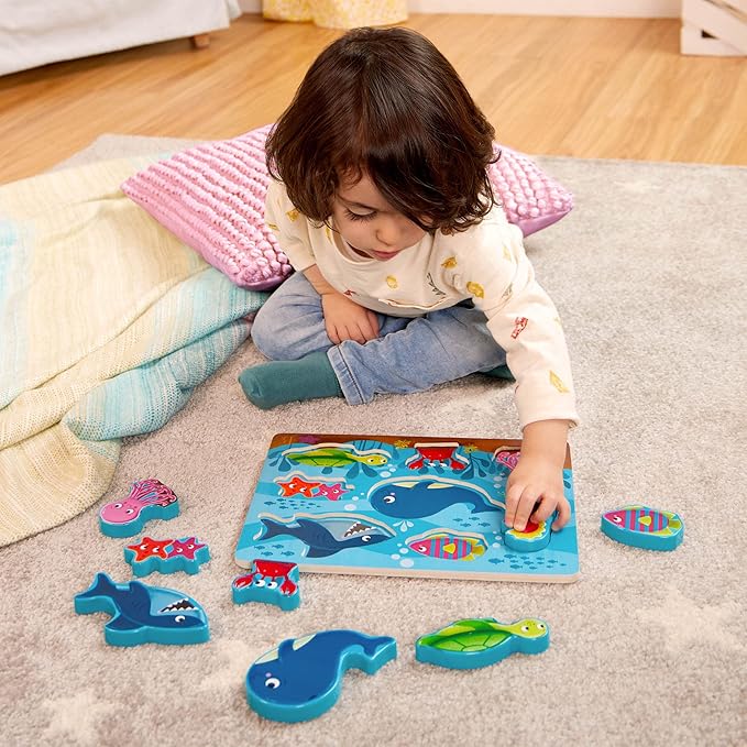 B. toys – Chunky Puzzle 4 Pack: Bus, Sea, Space, Dino – Wooden Puzzles with 8 Pieces Each – Educational Toys for Toddlers Develop Fine Motor Skills & Color Recognition – Fun Learning Activity 2+ Years