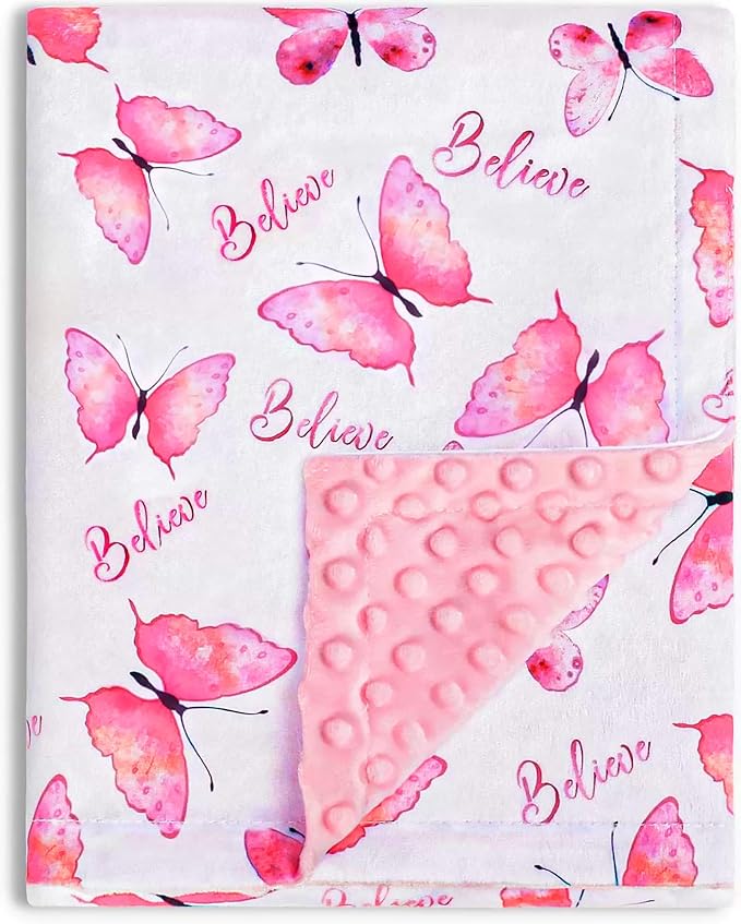 Butterfly Baby Blanket for Girls, Believe Print Soft Toddler Minky Receiving Blanket with Double Layer Dotted Backing for Newborn Infant Nursery Stroller Crib 29.5 x 39.3 Inch