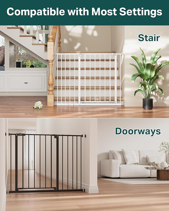 InnoTruth 29.5??0.75" Baby Gate for Stairs, 30" Tall Dog Gates for Doorways & Hallways, Safety Gate for Kids & Pets, Pressure-Mounted Walk-Through with Dual Lock & 2-Way Swing, Black