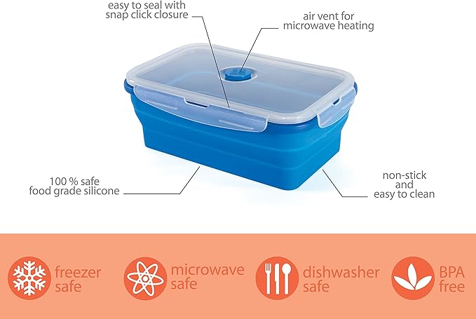 Kitchen Home Thin Bins Collapsible Containers ??Set of 4 Rectangle Silicone Food Storage Containers ??BPA Free, Microwave, Dishwasher and Freezer Safe