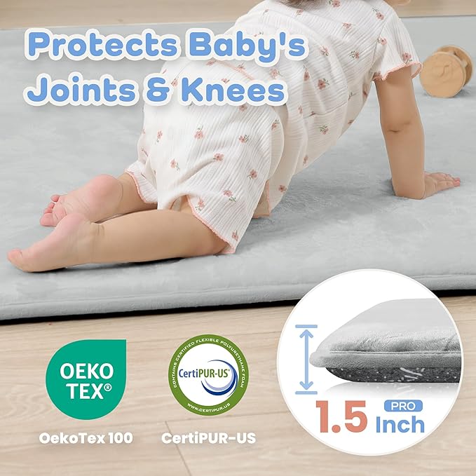 1.5" Thick Baby Play Mat for Floor, 39x59 Playpen Mat, Pro Soft Flannel Foam Mats Toddler Infant Kids Crawling for Nursery Rug Playroom Living Room Waterproof Easy Care Non-Slip (Light Grey)