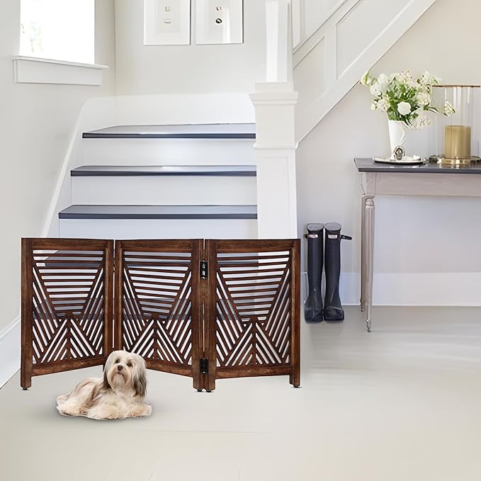 Lightnpro Extra-Wide Wooden Dog Gate – Rustic Freestanding Indoor Pet Barrier, Foldable Safety Fence for Small Dogs, Decorative Room Divider for Stairs, Doorways & Hallways – 24x54 Inch Burnt Finish