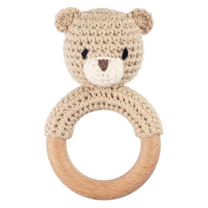 Joliecraft Safari Animals Wooden Baby Rattle Toys Stuffed Crochet Rattle with Teether Ring for Newborn, Beige Bear