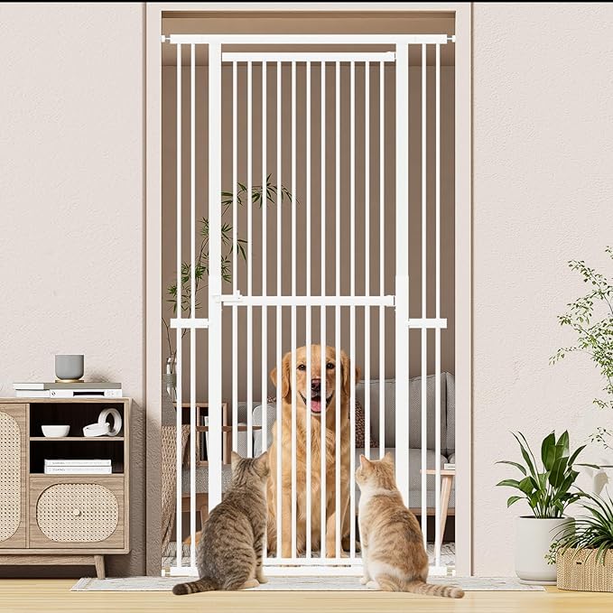 Snuowu 51"-87" Extra Tall Pet Gate for Cats, 29.5"-40.5" Wide Pressure Mounted No-Drilling Safety Dog Gate, Metal Walk-Thru Barrier for Doorways, Stairs, Kitchens, White