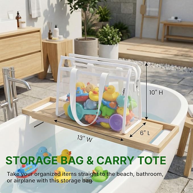 HOLAY 4 Pack Clear Toy Storage Bags with Handle ??Playroom Organizer Bins for Kids Toys, Board Games, Busy Bags, and Homeschool Supplies, Transparent PVC Front & Reinforced Base(White, X-Large)