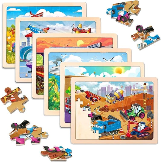 Wooden Puzzles for Toddlers 3-5,6 in 1 Jigsaw Wooden Solar System Puzzles for Ages 4-6,Preschool Educational Brain Toys Gifts for Boys and Girls 2 4 3 5 Year Old（Vehicle）