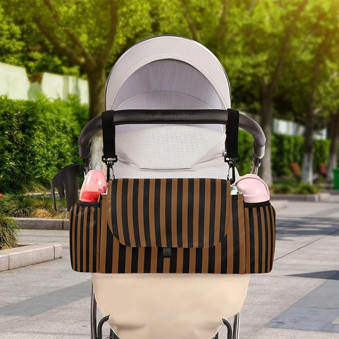 Baby Stroller Bag Brown Black Stripes Stroller Caddy Organizer Bag with Adjustable Straps Non-slip Hook Large Storage for Strollers