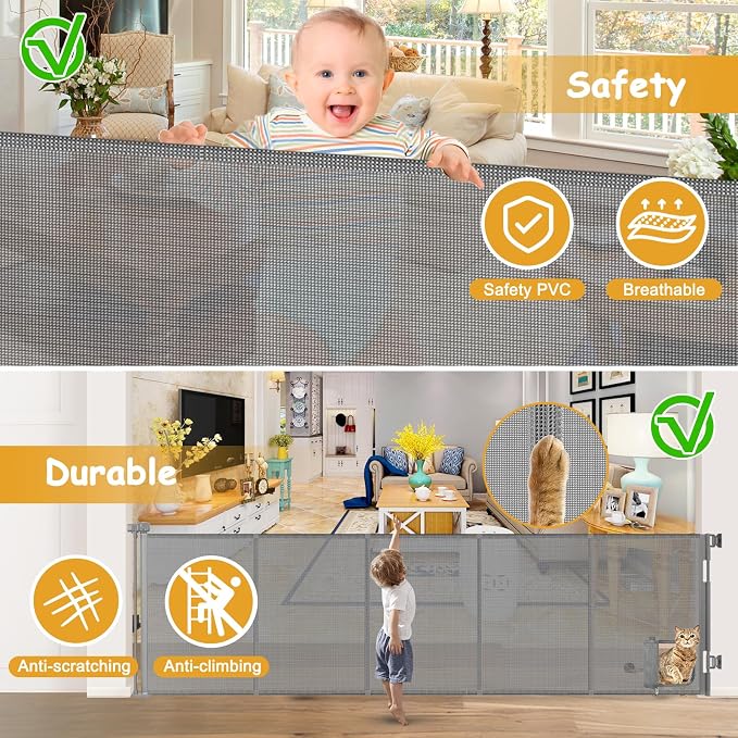 Reinforced 120 Inch Extra Large Retractable Dog Gate with Cat Door 10ft Extra Wide Baby Gates for Large Openings 33 Inch Tall Pet Gate Indoor with Reinforced Strips Long Baby Gates With Cat Door, Gray